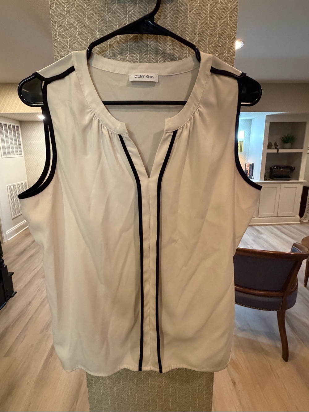 Calvin Klein Pleated V-Neck Sleeveless Blouse - White with Black Trim